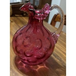 FENTON Cranberry Glass Pitcher Dot Optic Reed Handle - Ruffled Rim - 7" Tall